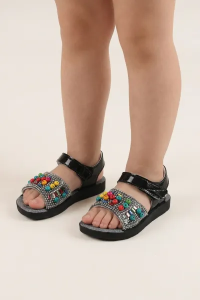 Siyah ( 23 - 25 ) Taşlı Boncuk Detaylı Kız Bebek Sandalet 445099