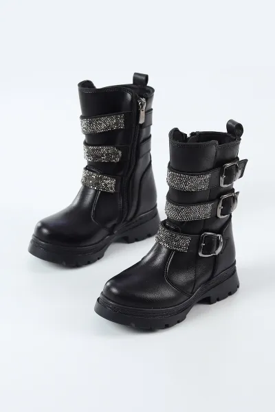 Siyah ( 26 - 30 ) Taş Tasarımlı Kız Çocuk Bot 494381