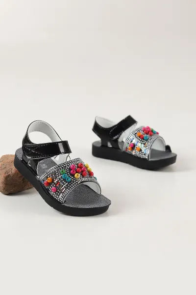Siyah ( 26 - 30 ) Taşlı Boncuk Detaylı Kız Çocuk Sandalet 462816