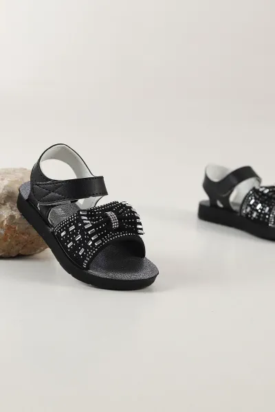 Siyah ( 26 - 30 ) Taşlı Fiyonk Detaylı Kız Çocuk Sandalet 445091