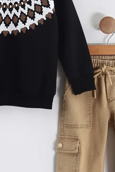 Siyah (3-10 Yaş)   Baskılı Sweatli Gabardin Pantolonlu Erkek Çocuk 2'li Takım 437394