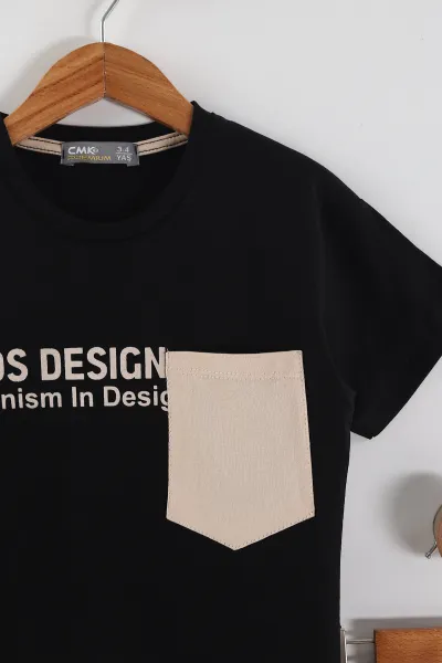 Siyah (3-10 Yaş) Design Baskılı Gabardin Şortlu Erkek Çocuk Yazlık Takım 443634