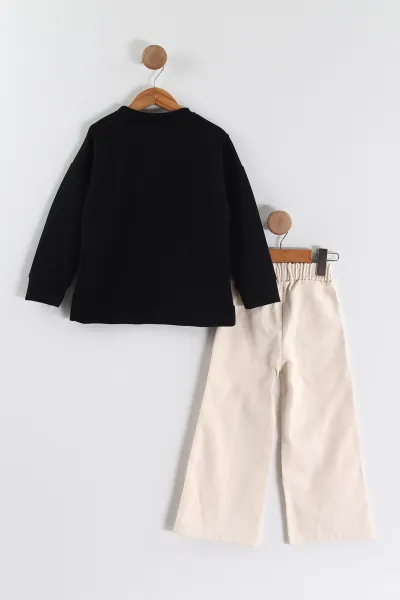Siyah 3-10 Yaş) Fiyonk ve Taş Nakışlı Oysho Sweatli Gabardin Pantolonlu Kız Çocuk 2'li Takım 439889