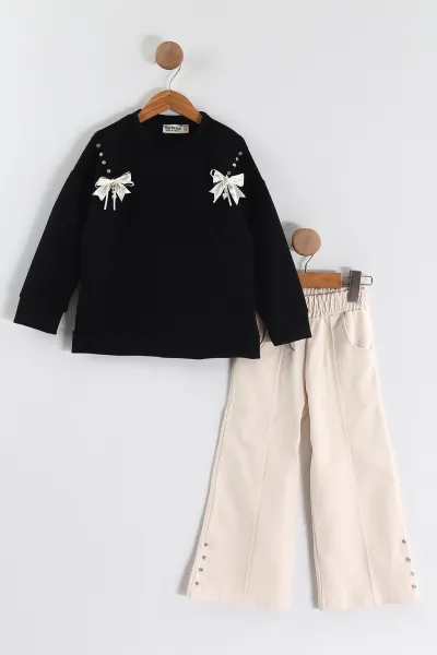 Siyah 3-10 Yaş) Fiyonk ve Taş Nakışlı Oysho Sweatli Gabardin Pantolonlu Kız Çocuk 2'li Takım 439889