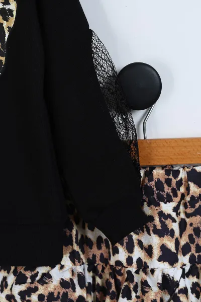 Siyah (3-10 Yaş ) Fiyonklu Leopar Desen Kol Güpür Detaylı Etekli Kız Çocuk Takım 338130