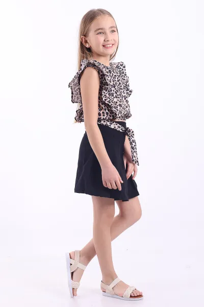 Siyah (3-10 Yaş) Leopar Beli Lastikli Etekli Kız Çocuk Takım 345235