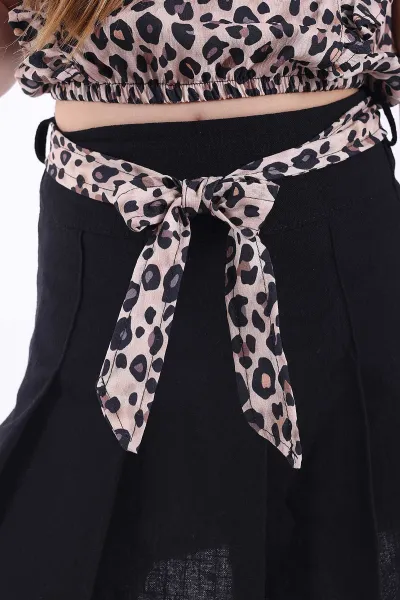 Siyah (3-10 Yaş) Leopar Beli Lastikli Etekli Kız Çocuk Takım 345235