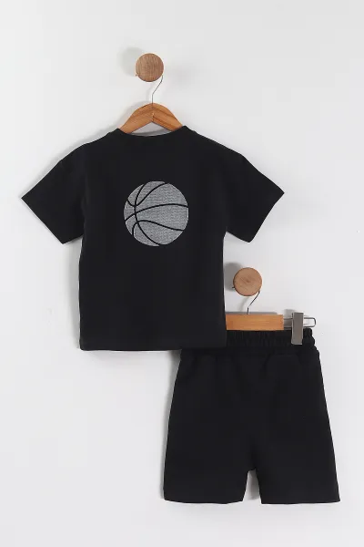 Siyah (3-10 Yaş) Noktalı Basket Topu Baskılı Süprem Erkek Çocuk Yazlık Takım 445699