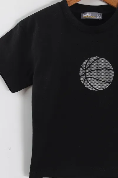 Siyah (3-10 Yaş) Noktalı Basket Topu Baskılı Süprem Erkek Çocuk Yazlık Takım 445699
