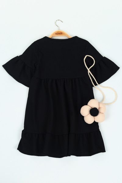 Siyah (3-10 Yaş) Okyanus Kumaş Papatya Sahte Çantalı Kız Çocuk Elbise 117922