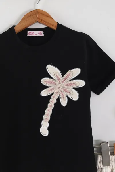 Siyah (3-10 Yaş)Aplikeli Gabardin Şort Etekli Kız Çocuk Takım 450728