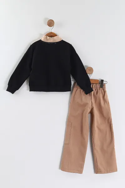 Siyah (3-10 Yaş)Baskılı Yakası Fermuarlı Sweatli Gabardin Pantolonlu Erkek Çocuk Takım 443379