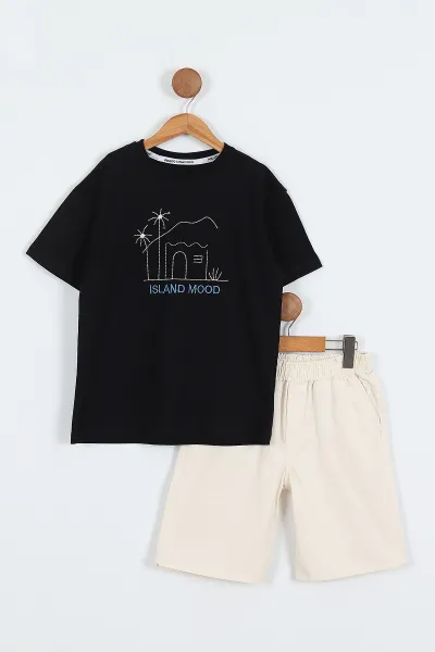 Siyah (3-10 Yaş)Nakışlı Gabardin Şortlu Erkek Çocuk Takım 356936