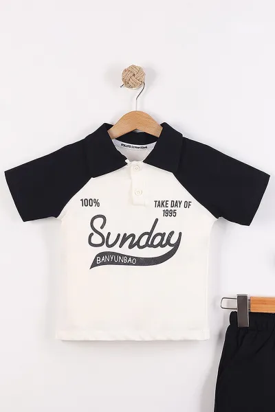 Siyah (3-10 Yaş)Sunday Baskılı Yakalı Düğmeli Garnili Erkek Çocuk Takım 460723