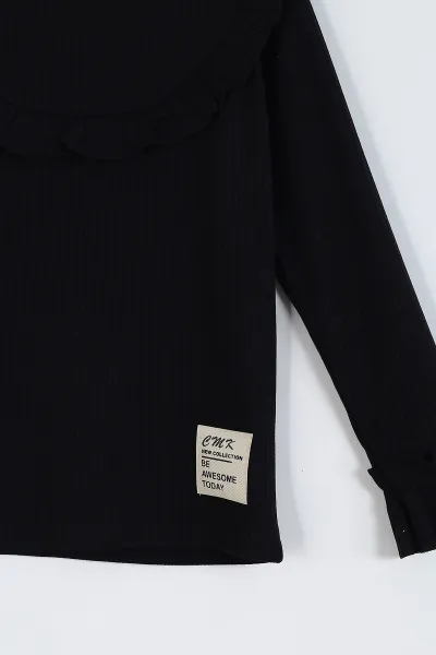 Siyah (3-11 Yaş) Yaka ve Kol Fırfır Detaylı Kız Çocuk Sweatshirt 297012