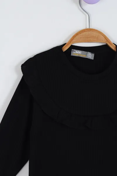 Siyah (3-11 Yaş) Yaka ve Kol Fırfır Detaylı Kız Çocuk Sweatshirt 297012
