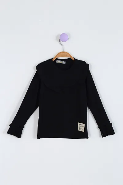 Siyah (3-11 Yaş) Yaka ve Kol Fırfır Detaylı Kız Çocuk Sweatshirt 297012