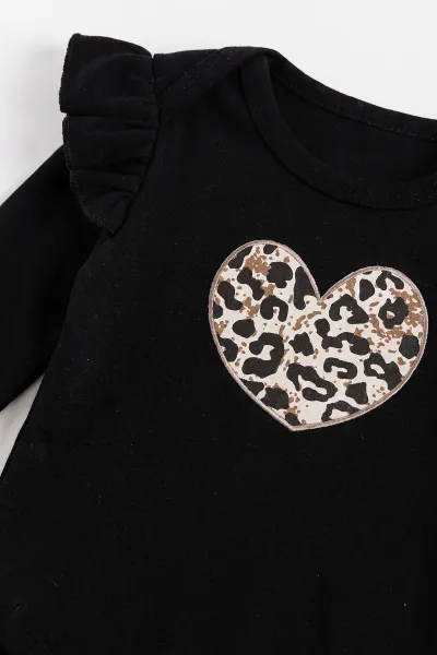 Siyah (3-12 Ay)Leopar Desenli Kalpli Çıtçıt Zıbınlı Kız Bebek 3'lü Takım 476008