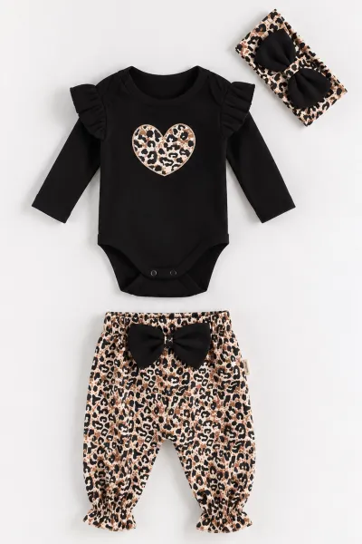Siyah (3-12 Ay)Leopar Desenli Kalpli Çıtçıt Zıbınlı Kız Bebek 3'lü Takım 476008