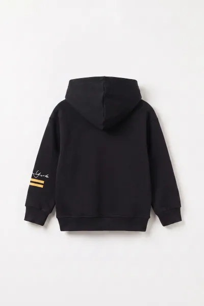 Siyah (3-12 Yaş) Baskılı 3 İp Şardonlu Kapüşonlu Erkek Çocuk Sweatshirt 473837