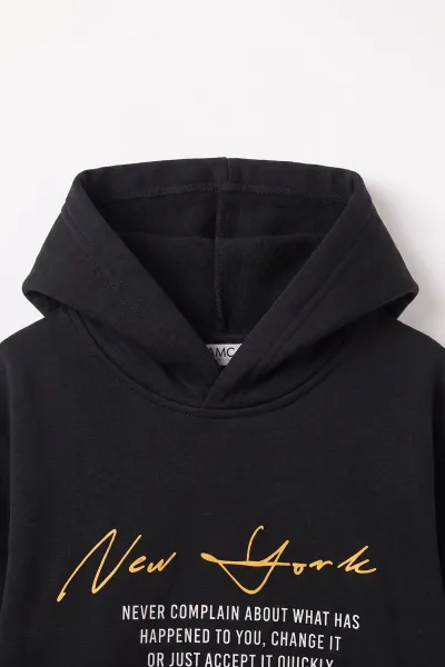 Siyah (3-12 Yaş) Baskılı 3 İp Şardonlu Kapüşonlu Erkek Çocuk Sweatshirt 473837