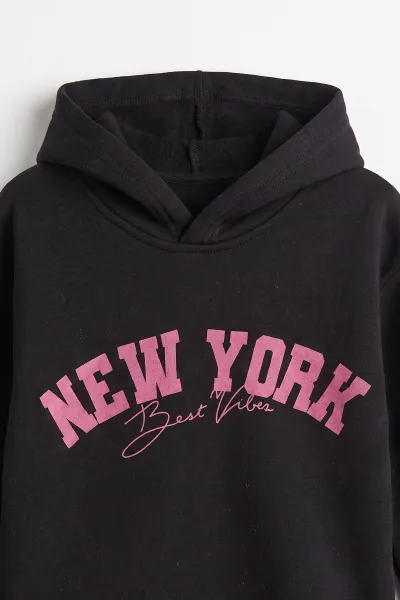 Siyah (3-12 Yaş) Baskılı 3 İp Şardonlu Kapüşonlu Kız Çocuk Sweatshirt 473949