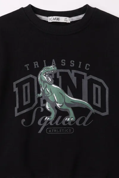 Siyah (3-12 Yaş) Dino Baskılı 3 İp Şardonlu Erkek Çocuk Sweatshirt 483906
