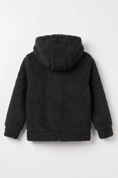 Siyah (3-12 Yaş) Fermuarlı ve Kapüşonlu Erkek Çocuk Peluş Hırka 489015