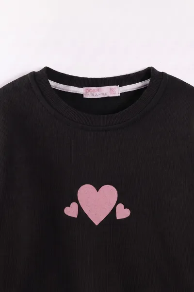 Siyah (3-12 Yaş) Kalp Baskılı 3 İp Şardonlu Kız Çocuk Sweatshirt 473977