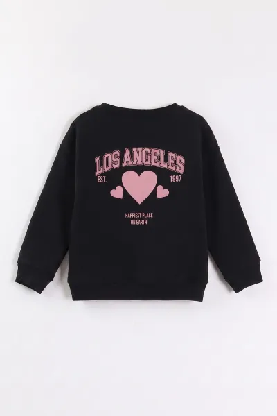 Siyah (3-12 Yaş) Kalp Baskılı 3 İp Şardonlu Kız Çocuk Sweatshirt 473977
