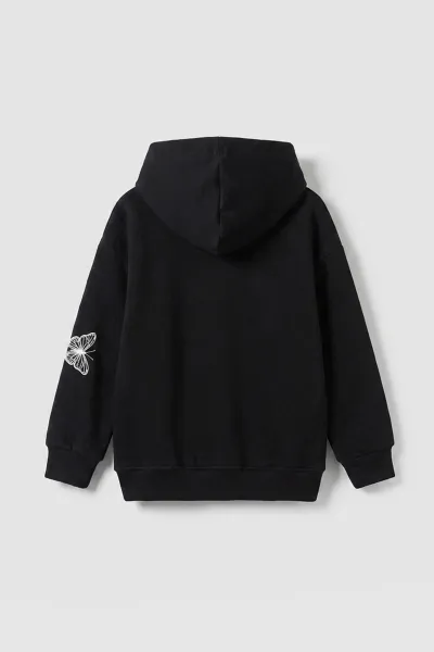 Siyah (3-12 Yaş) Kelebek Baskılı Kapüşonlu  Şardonlu 3 İp Kız Çocuk Sweatshirt 484137