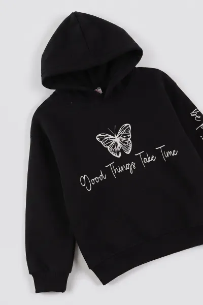 Siyah (3-12 Yaş) Kelebek Baskılı Kapüşonlu  Şardonlu 3 İp Kız Çocuk Sweatshirt 484137