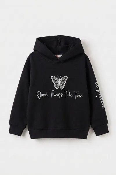 Siyah (3-12 Yaş) Kelebek Baskılı Kapüşonlu  Şardonlu 3 İp Kız Çocuk Sweatshirt 484137