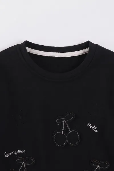 Siyah (3-12 Yaş) Kiraz Nakışlı Şardonlu Kız Çocuk Sweatshirt 473989