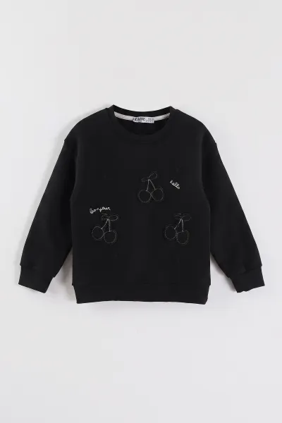 Siyah (3-12 Yaş) Kiraz Nakışlı Şardonlu Kız Çocuk Sweatshirt 473989