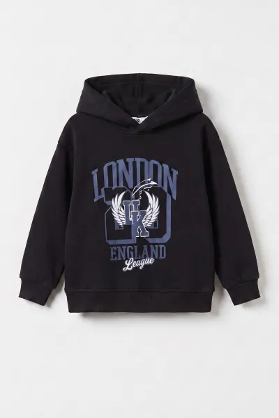 Siyah (3-12 Yaş) London Baskılı 3 İp Şardonlu Kapüşonlu Kız Çocuk Sweatshirt 473972