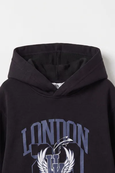 Siyah (3-12 Yaş) London Baskılı 3 İp Şardonlu Kapüşonlu Kız Çocuk Sweatshirt 473972