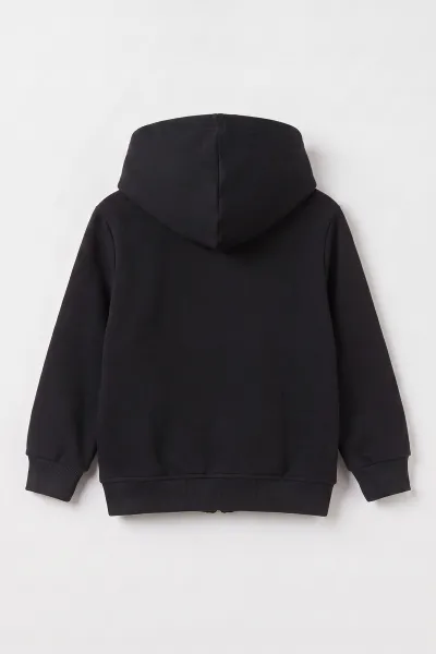 Siyah (3-12 Yaş) Nakışlı Kapüşonlu Fermuarlı  Şardonlu 3 İp Erkek Çocuk Sweatshirt 484132