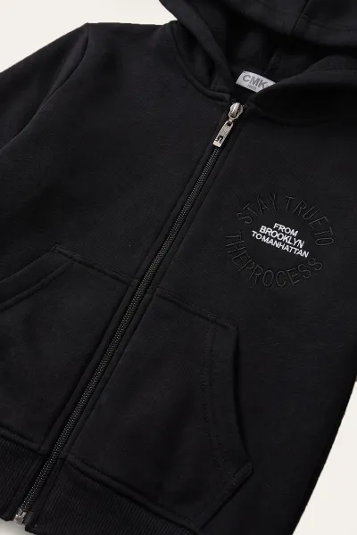 Siyah (3-12 Yaş) Nakışlı Kapüşonlu Fermuarlı  Şardonlu 3 İp Erkek Çocuk Sweatshirt 484132