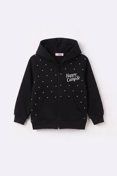Siyah (3-12 Yaş) Noktalı Baskılı Kapüşonlu 3 İp Şardonlu Kız Çocuk Sweatshirt 483899