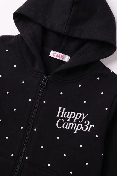 Siyah (3-12 Yaş) Noktalı Baskılı Kapüşonlu 3 İp Şardonlu Kız Çocuk Sweatshirt 483899