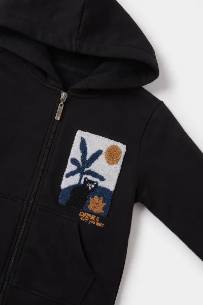Siyah (3-12 Yaş) Süzene Palmiye Nakışlı Kapüşonlu  3 İp Şardonlu Erkek Çocuk Sweatshirt 478780