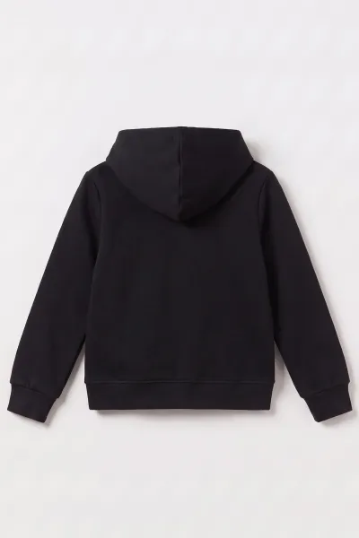 Siyah (3-12 Yaş) Süzene Palmiye Nakışlı Kapüşonlu  3 İp Şardonlu Erkek Çocuk Sweatshirt 478780