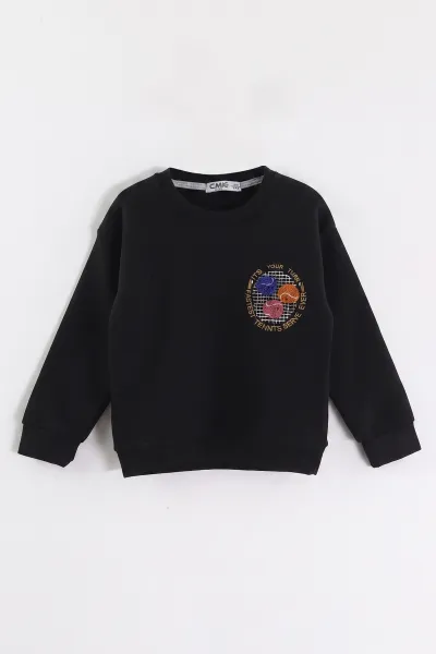Siyah (3-12 Yaş) Süzene Toplu Nakışlı Erkek Çocuk Swatshirt 473802