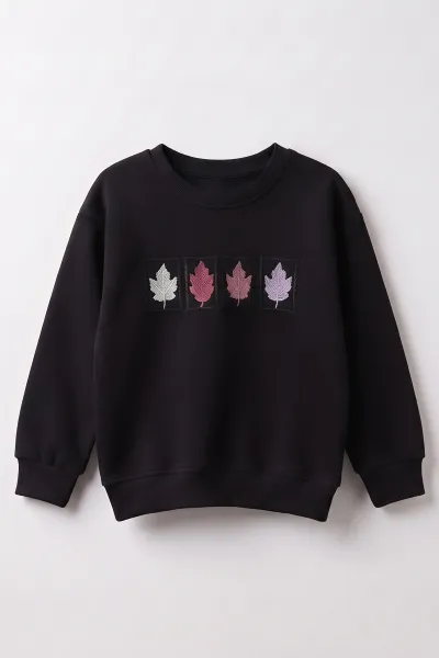Siyah (3-12 Yaş) Yaprak Nakışlı    3 İp Şardonlu Kız Çocuk Sweatshirt 478772