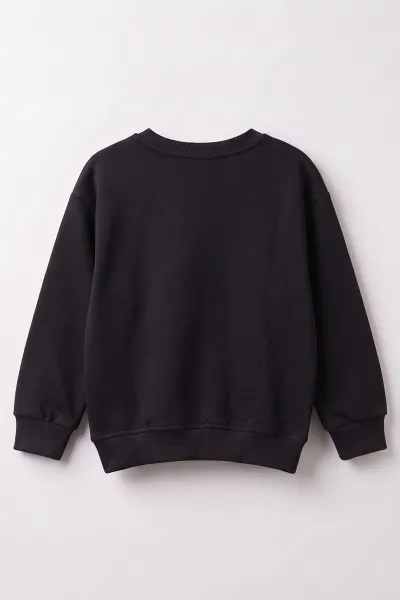 Siyah (3-12 Yaş) Yaprak Nakışlı    3 İp Şardonlu Kız Çocuk Sweatshirt 478772