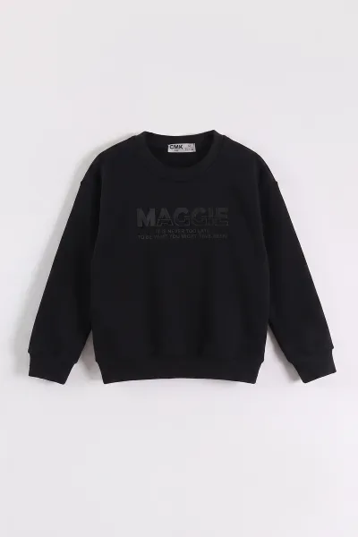Siyah (3-12 Yaş) Yazı Baskılı 3 İp Şardonlu Erkek Çocuk Sweatshirt 473939
