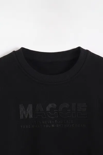 Siyah (3-12 Yaş) Yazı Baskılı 3 İp Şardonlu Erkek Çocuk Sweatshirt 473939