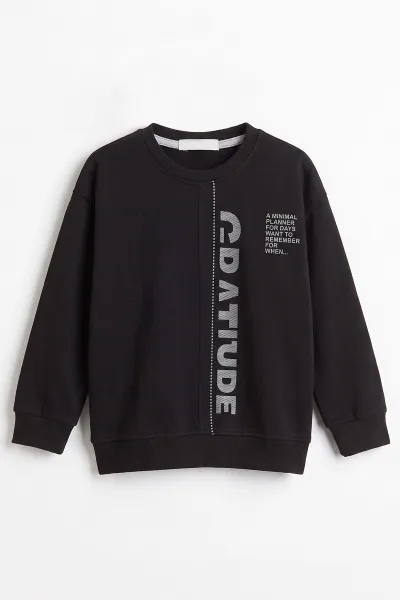 Siyah (3-12 Yaş) Yazı Baskılı Erkek Çocuk Sweatshirt 478988