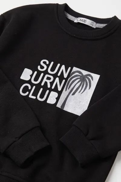 Siyah (3-12 Yaş)Palmiye Baskılı 3 İp Şardonlu Erkek Çocuk Sweatshirt 484126